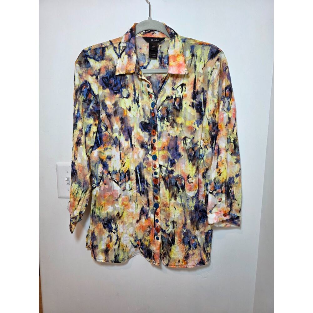 Ali Miles Button Down Artsy Tunic Blouse Small Multicolor Button 3/4 Sleeve